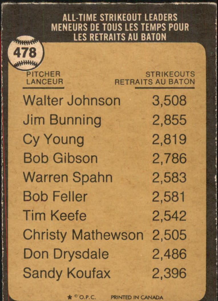 1973 O-Pee-Chee #478 Walter Johnson ATL/3508 Strikeouts back image