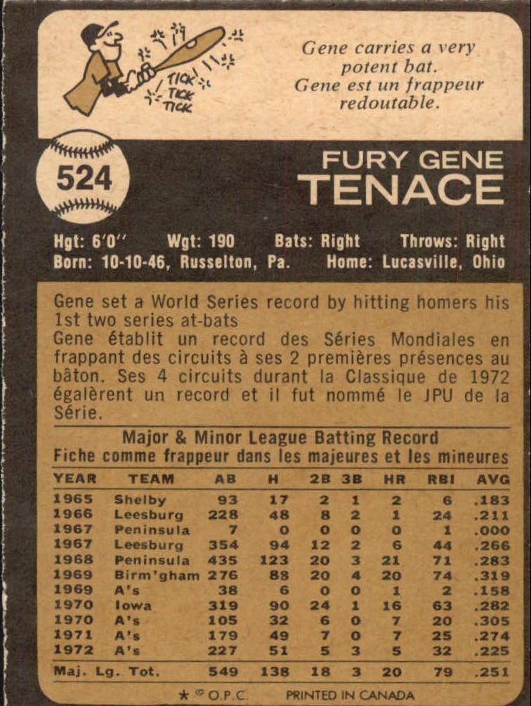1973 O-Pee-Chee #524 Gene Tenace back image