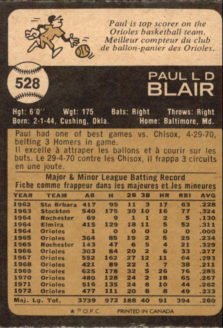 1973 O-Pee-Chee #528 Paul Blair back image
