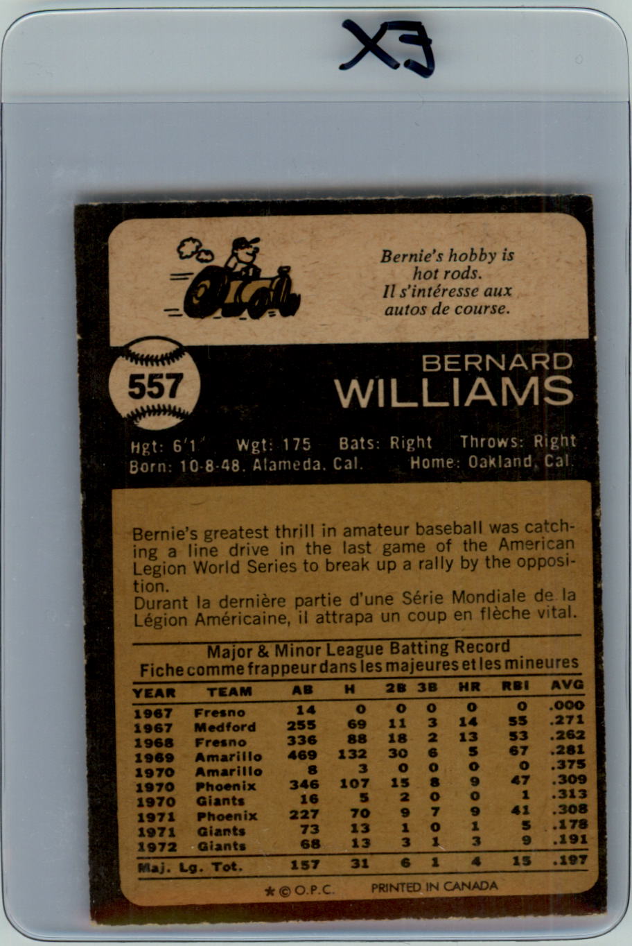 1973 O-Pee-Chee #557 Bernie Williams back image