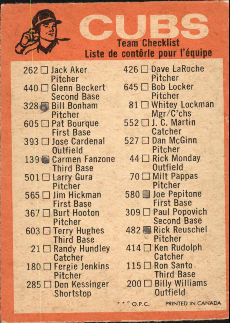 1973 O-Pee-Chee Blue Team Checklists #5 Chicago Cubs back image