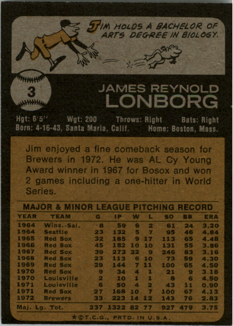 1973 Topps #3 Jim Lonborg back image