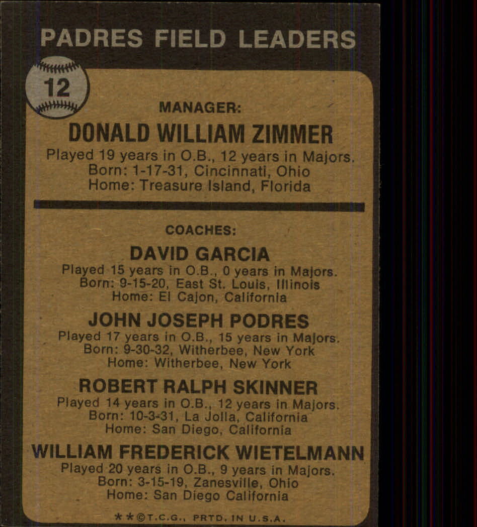 1973 Topps #12A Don Zimmer MG/Dave Garcia CO/Johnny Podres CO/Bob Skinner CO/Whitey Wietelmann CO/Podres no right ear back image