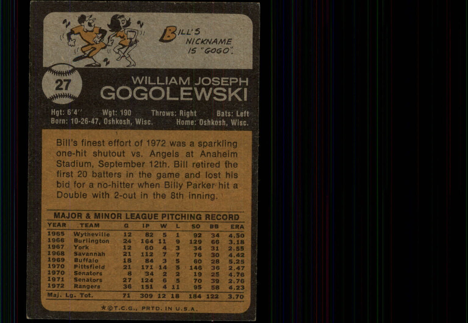 1973 Topps #27 Bill Gogolewski back image