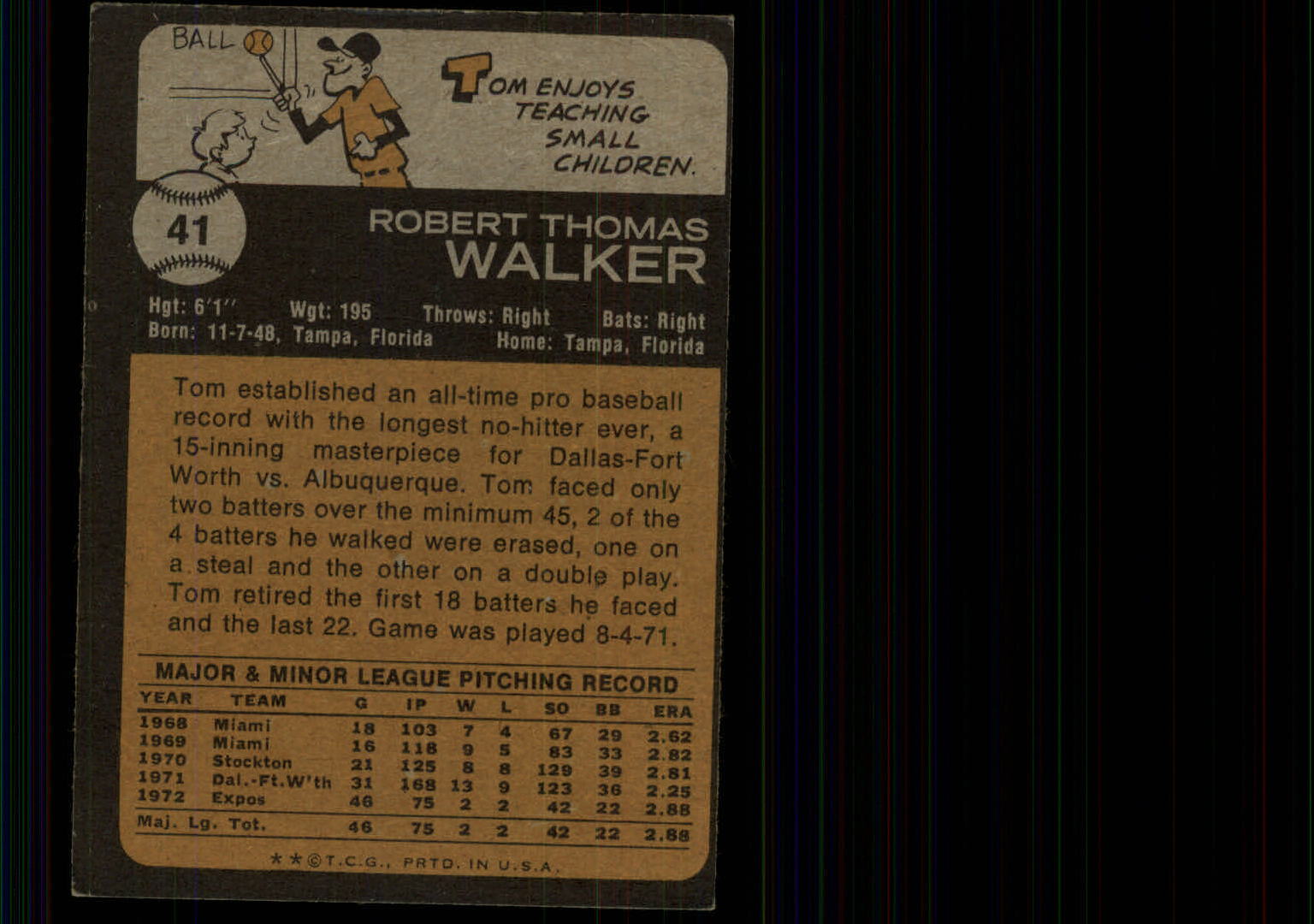1973 Topps #41 Tom Walker RC back image