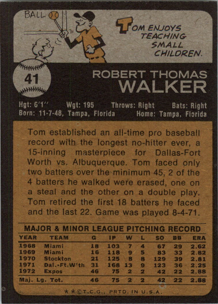 1973 Topps #41 Tom Walker RC back image