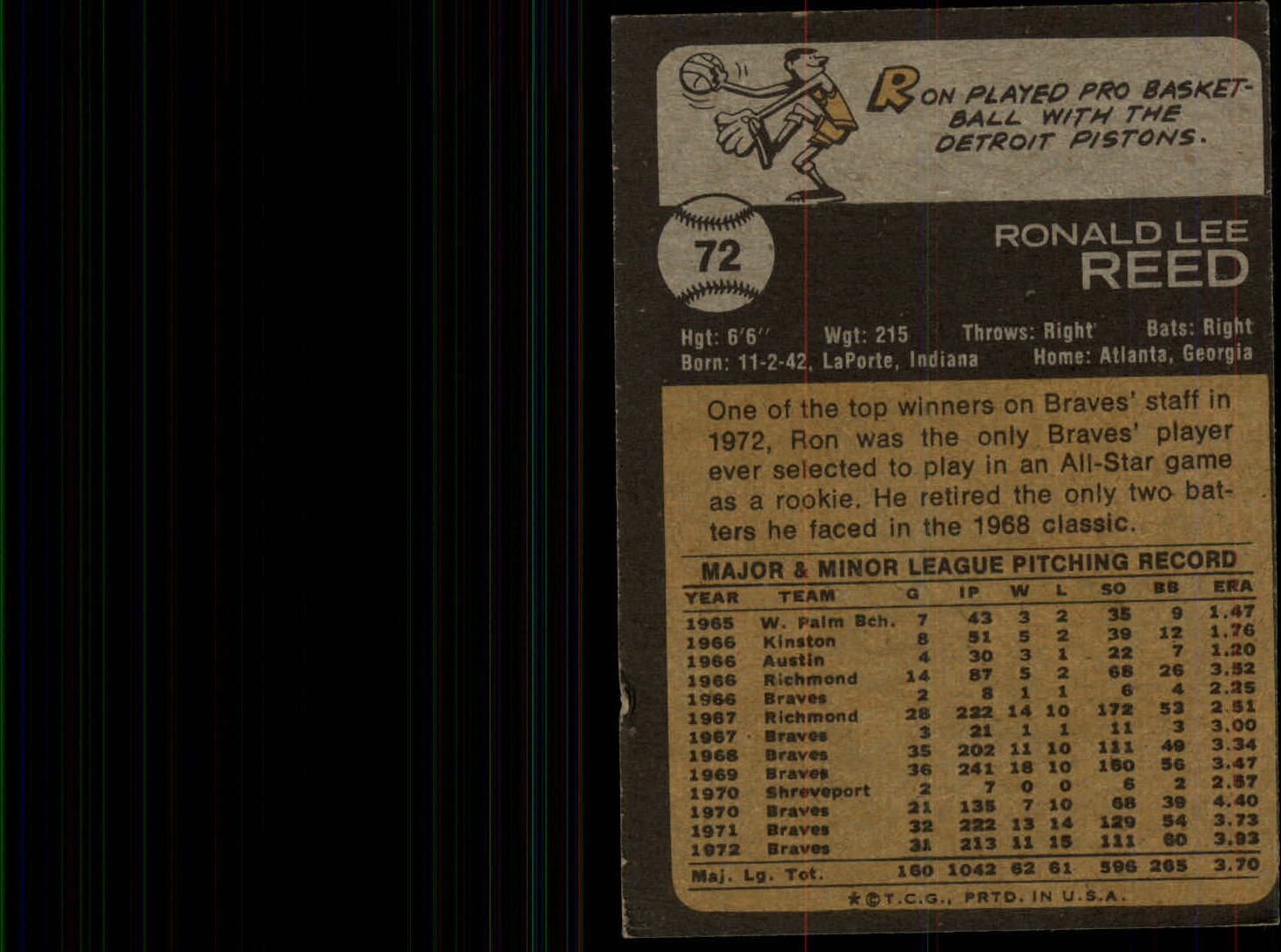 1973 Topps #72 Ron Reed back image