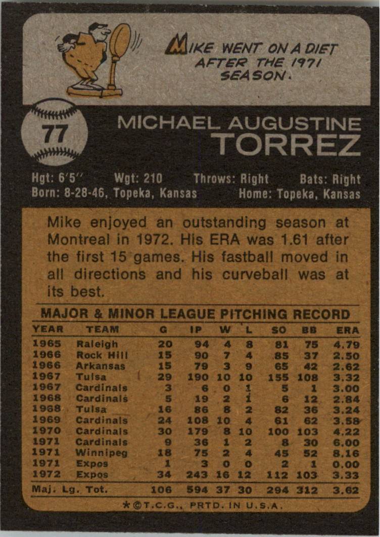 1973 Topps #77 Mike Torrez back image