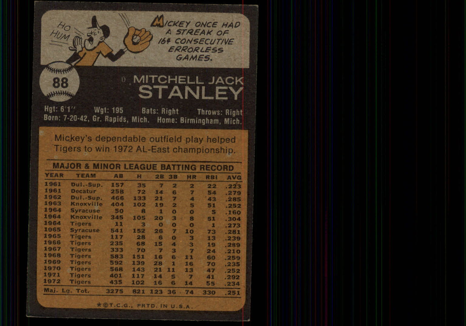 1973 Topps #88 Mickey Stanley back image