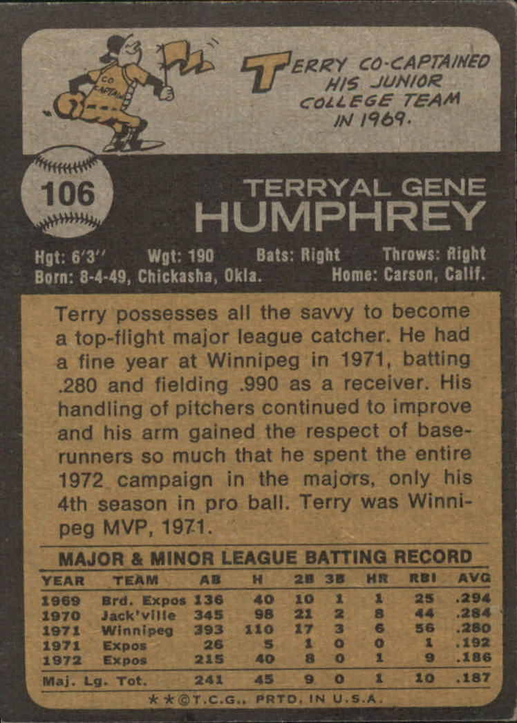 1973 Topps #106 Terry Humphrey - GOOD