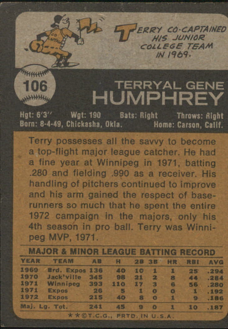 1973 Topps #106 Terry Humphrey - EX