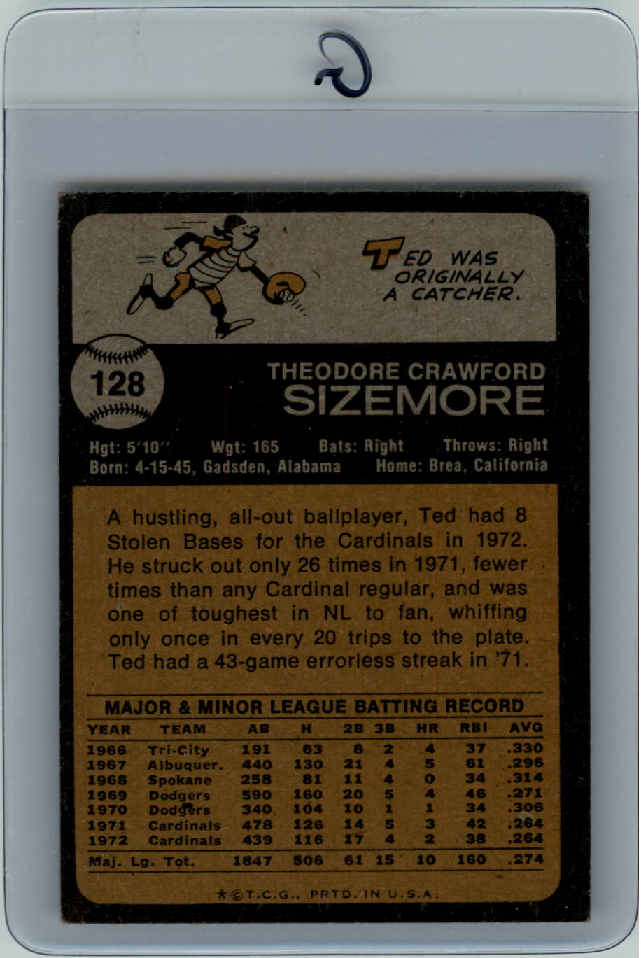 1973 Topps #128 Ted Sizemore back image