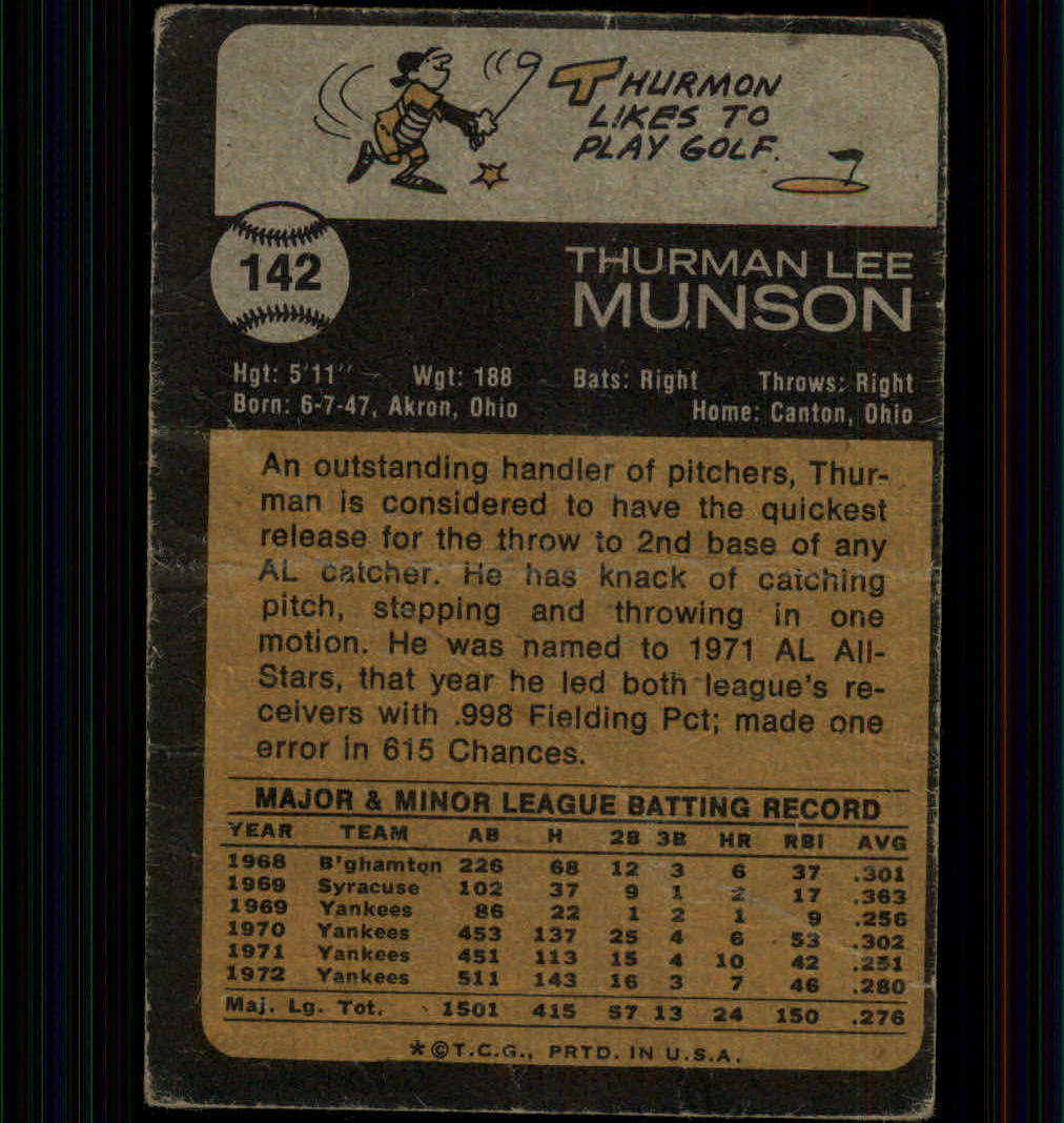 1973 Topps #142 Thurman Munson back image