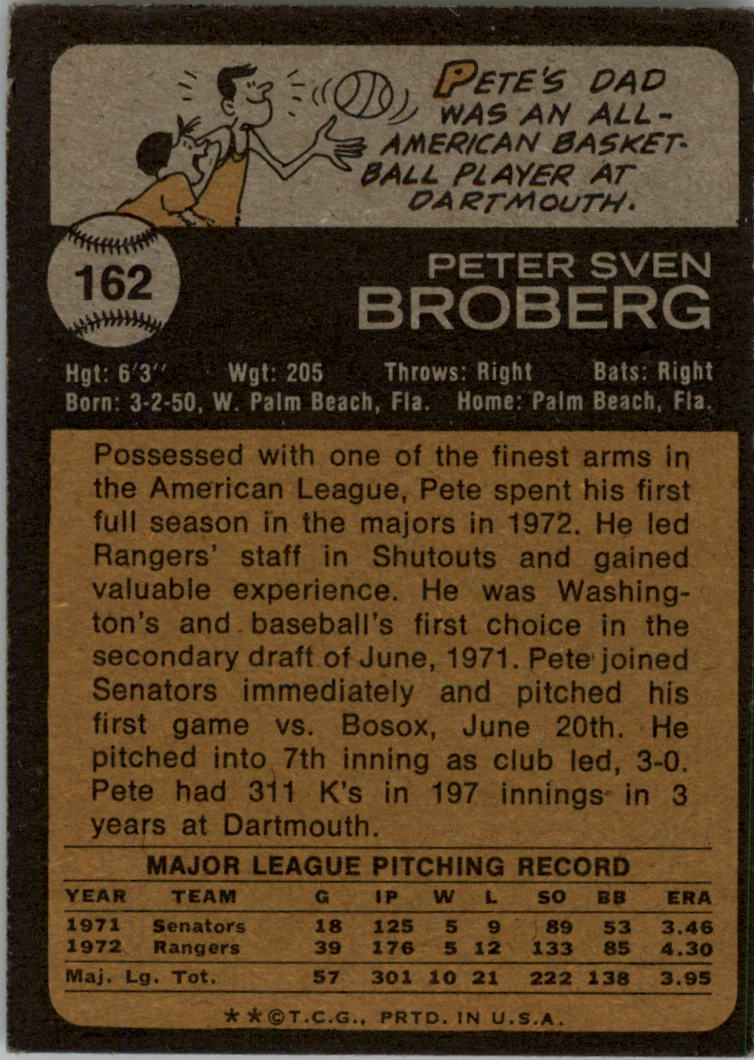 1973 Topps #162 Pete Broberg back image