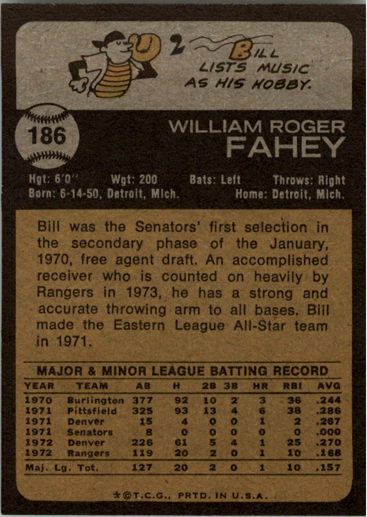 1973 Topps #186 Bill Fahey back image