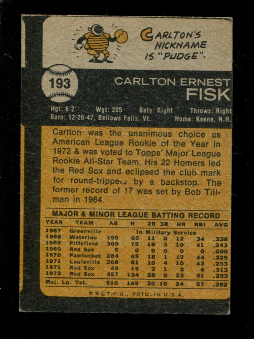 1973 Topps #193 Carlton Fisk back image