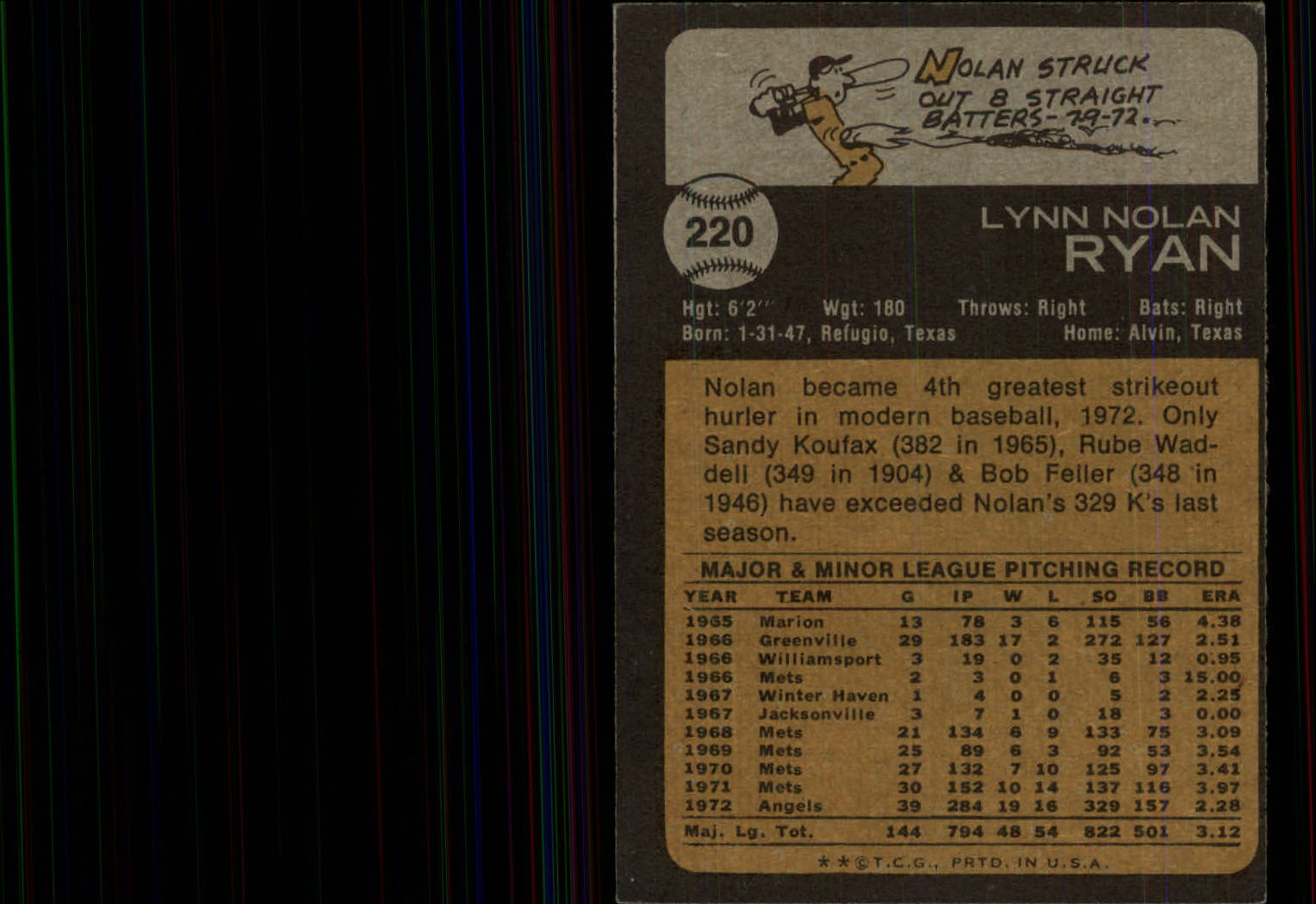 1973 Topps #220 Nolan Ryan back image