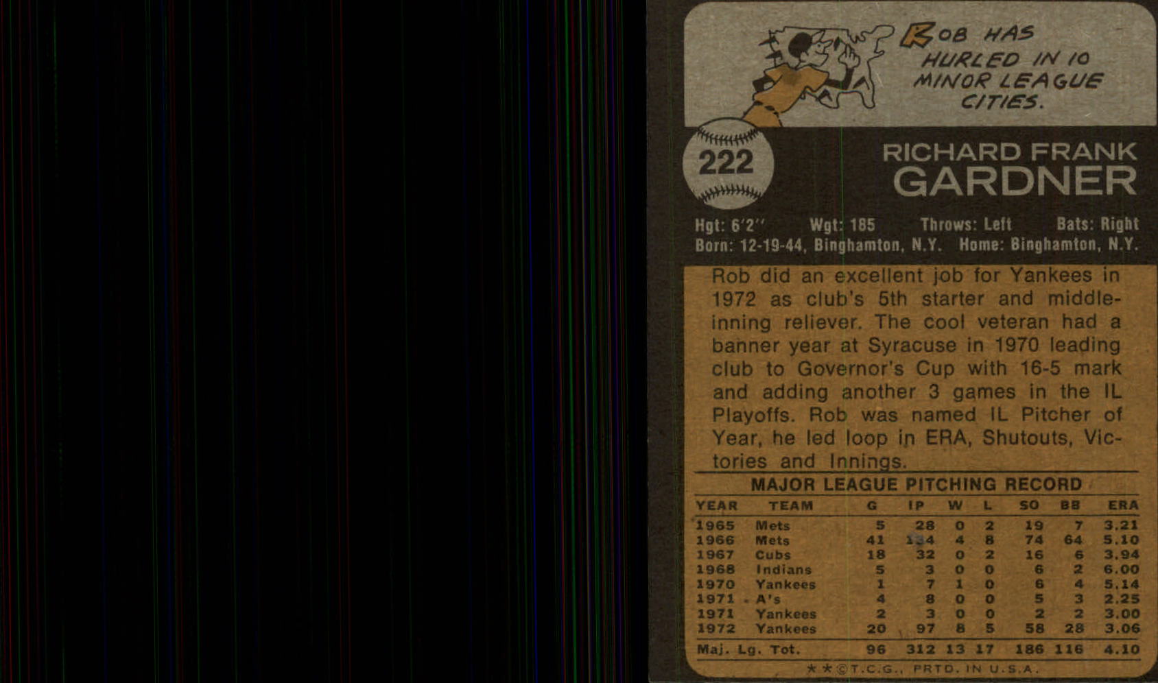 1973 Topps #222 Rob Gardner back image