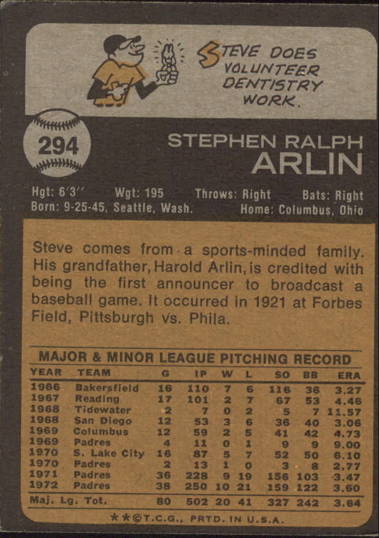 1973 Topps #294 Steve Arlin back image