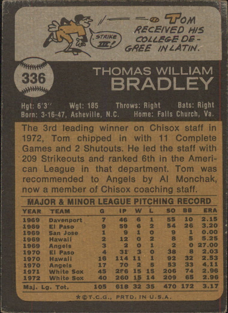 1973 Topps #336 Tom Bradley back image