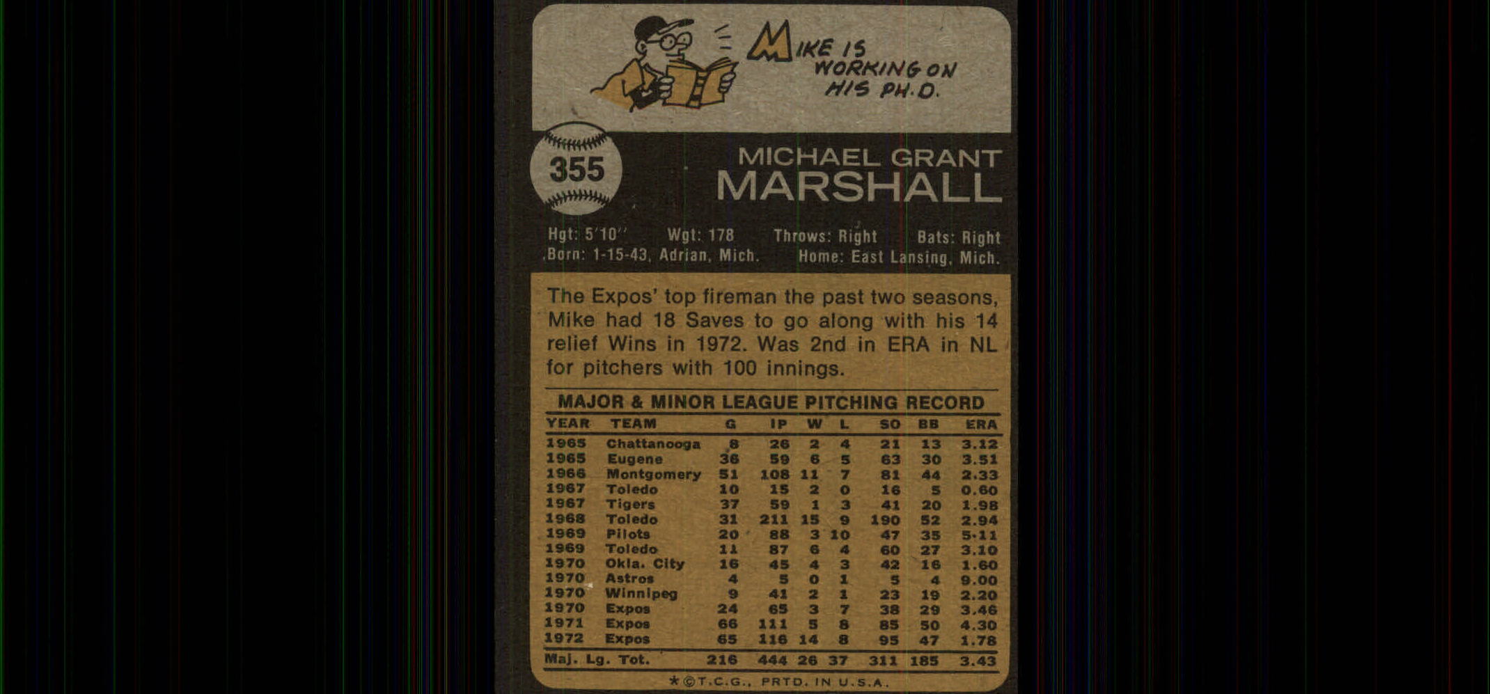 1973 Topps #355 Mike Marshall back image