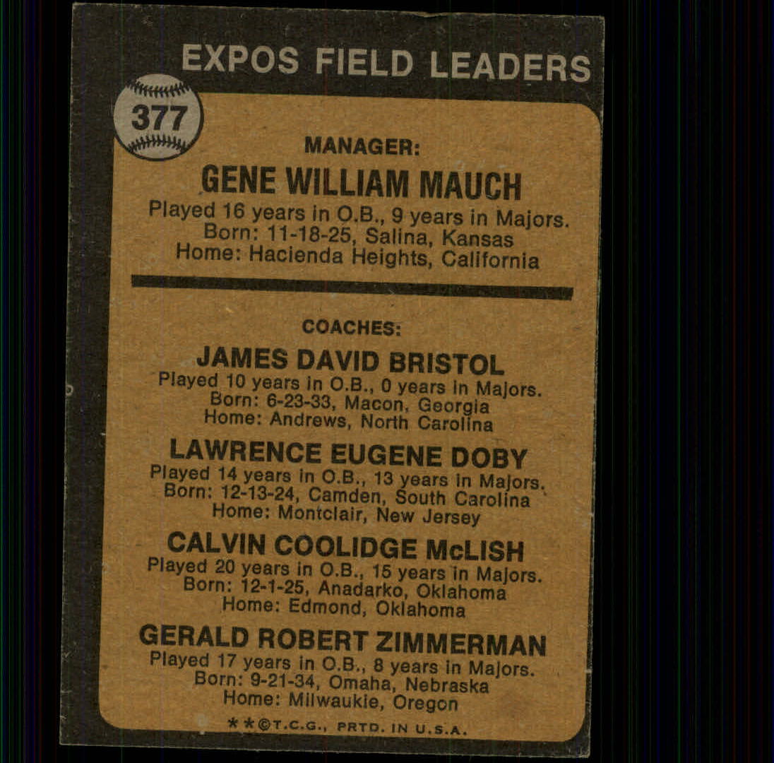 1973 Topps #377 Gene Mauch MG/Dave Bristol CO/Larry Doby CO/Cal McLish CO/Jerry Zimmerman CO back image