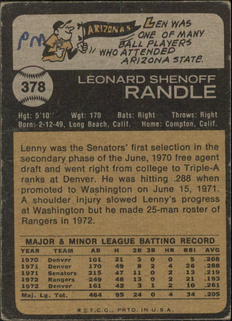 1973 Topps #378 Len Randle back image
