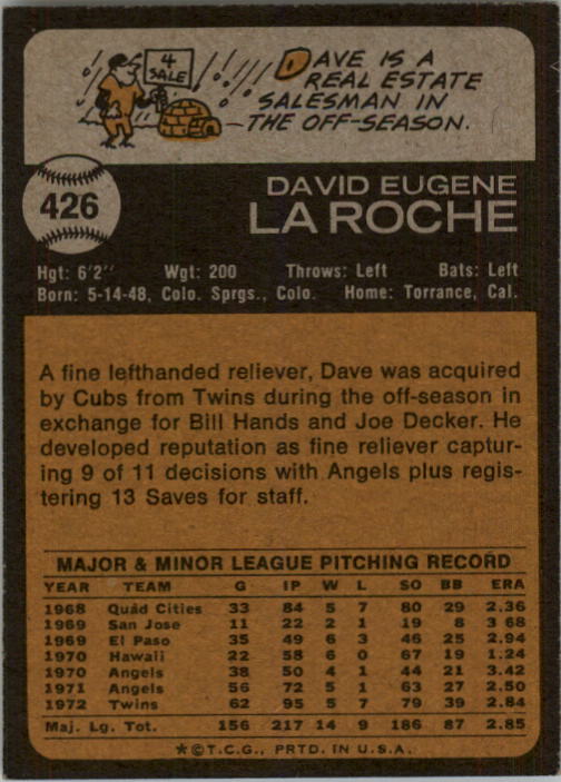 1973 Topps #426 Dave LaRoche back image
