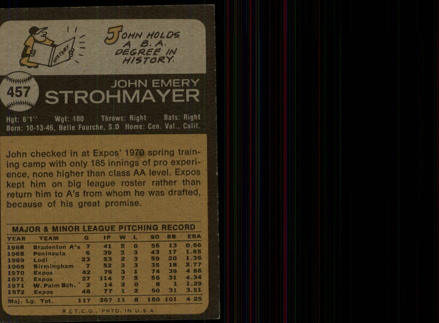 1973 Topps #457 John Strohmayer back image