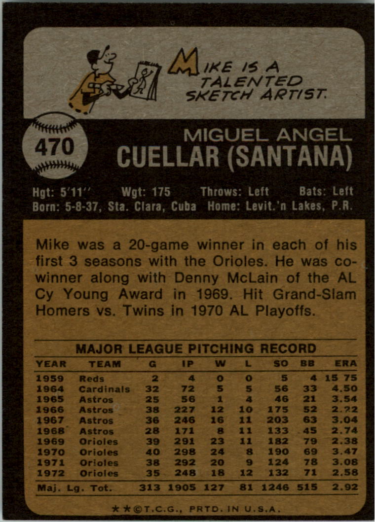 1973 Topps #470 Mike Cuellar back image