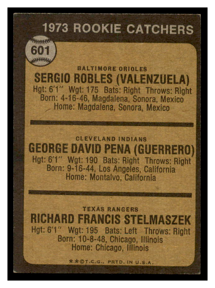 1973 Topps #601 Rookie Catchers/Sergio Robles RC/George Pena RC/Rick Stelmaszek back image