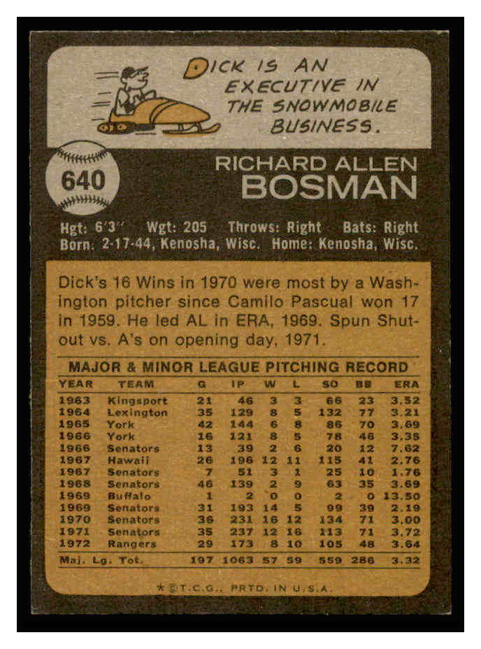 1973 Topps #640 Dick Bosman back image