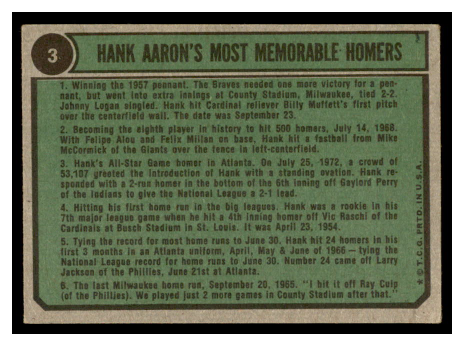 1974 Topps #3 Hank Aaron 58-61 back image