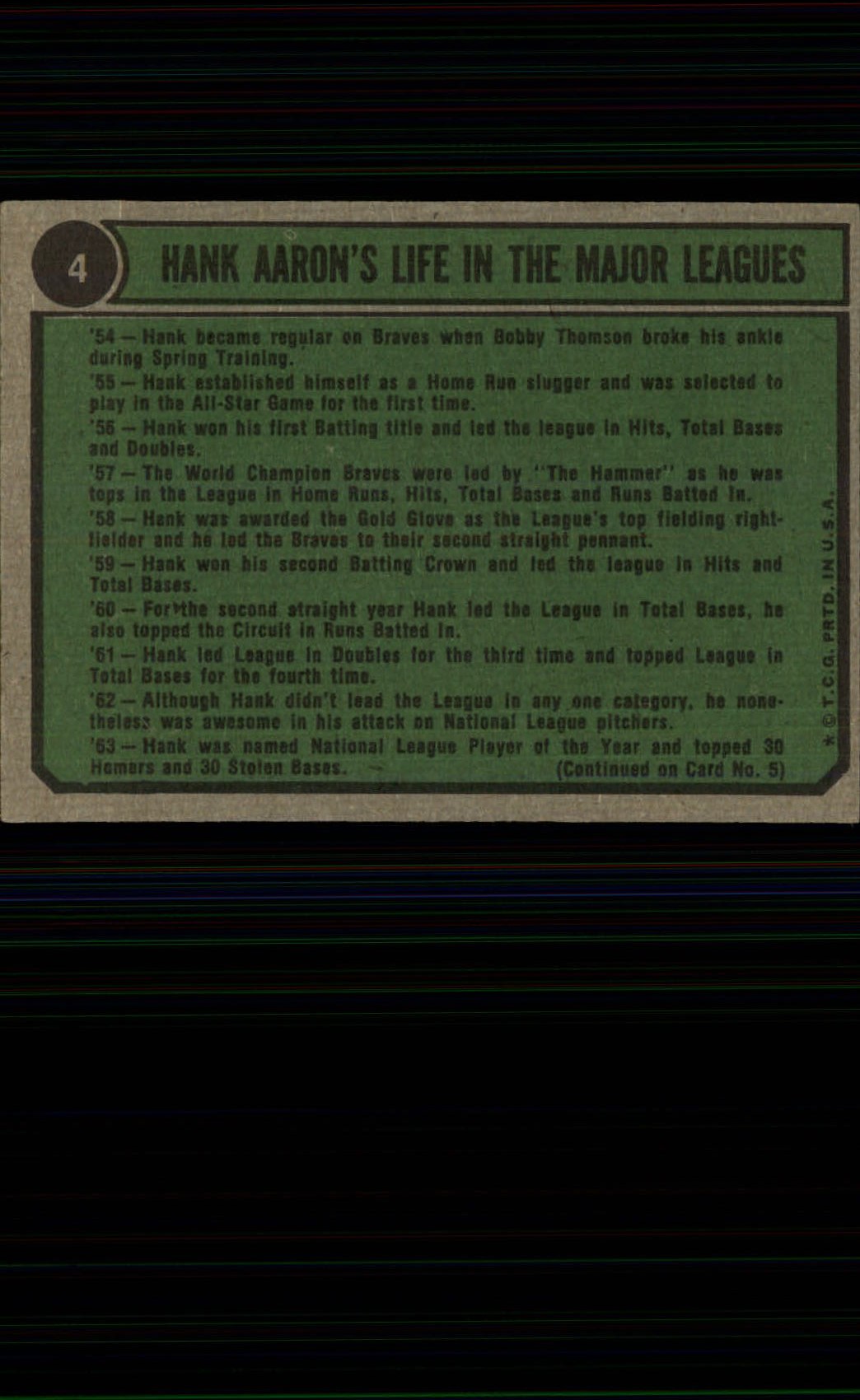 1974 Topps #4 Hank Aaron 62-65 back image