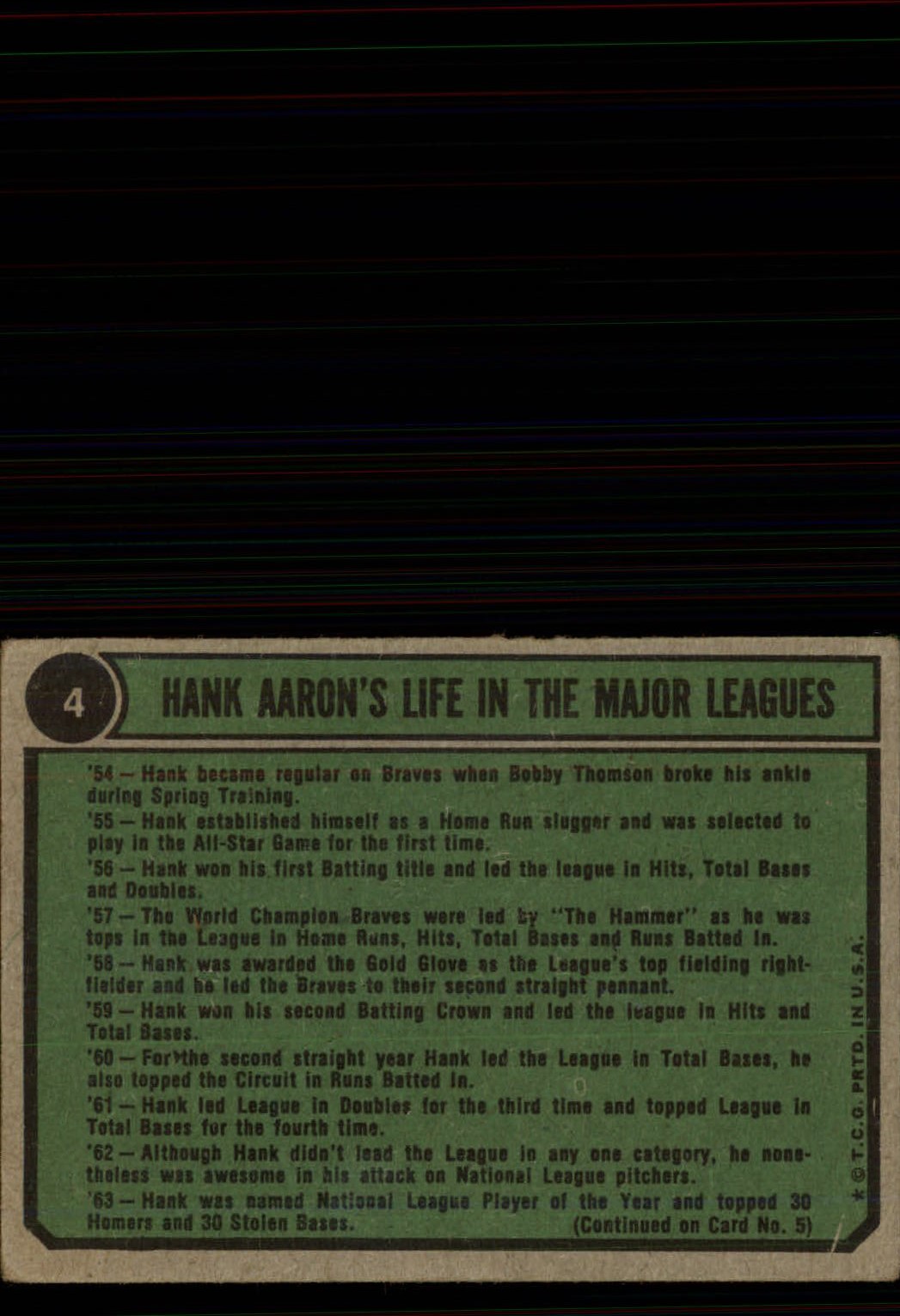 1974 Topps #4 Hank Aaron 62-65 back image