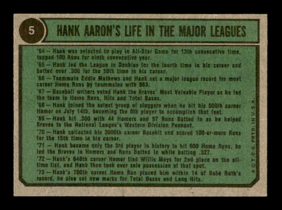 1974 Topps #5 Hank Aaron 66-69 back image