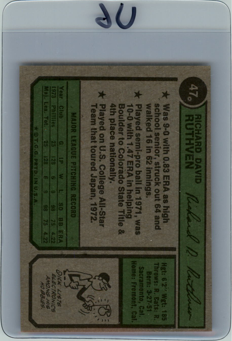 1974 Topps #47 Dick Ruthven RC back image