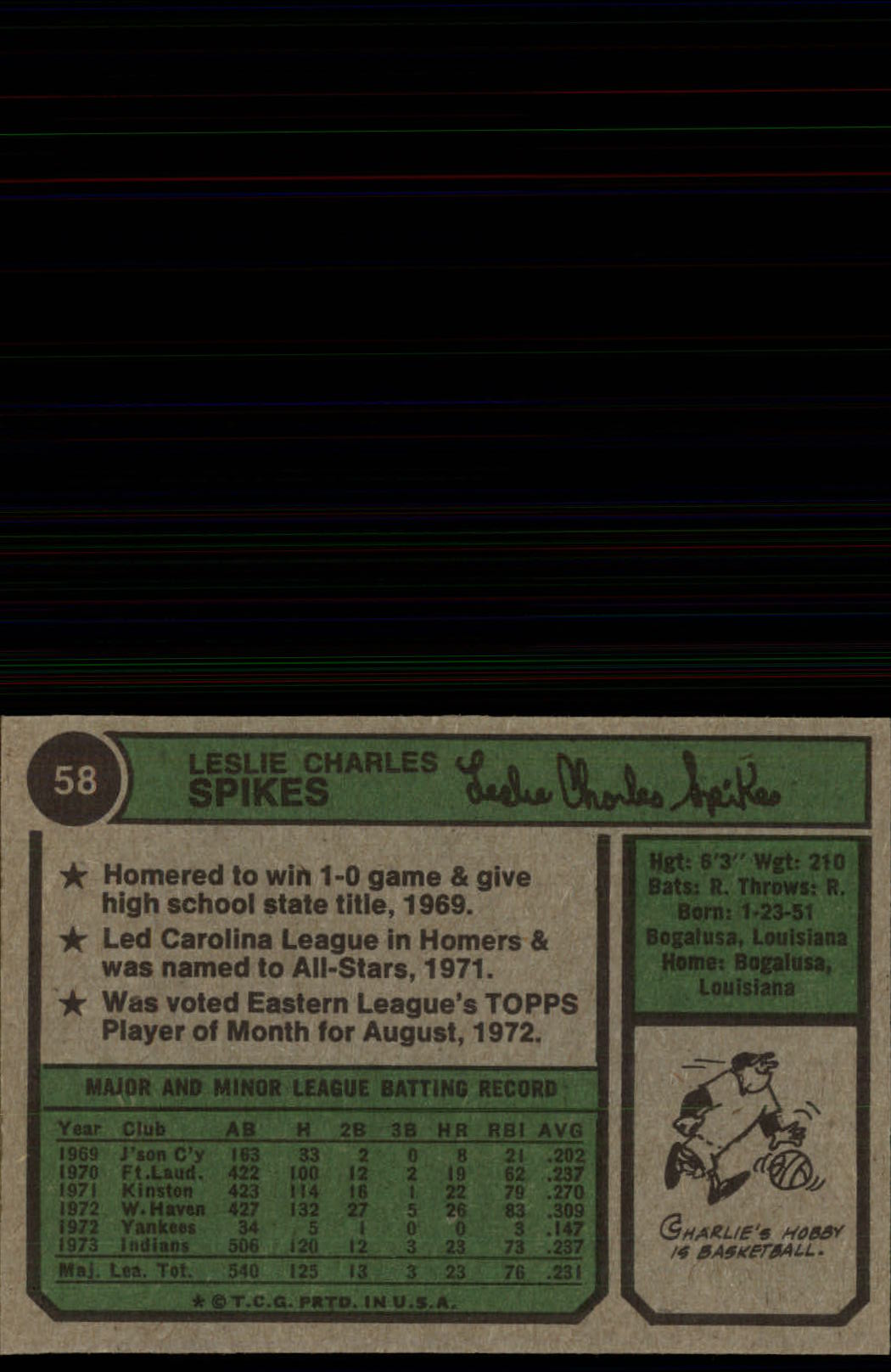 1974 Topps #58 Charlie Spikes back image