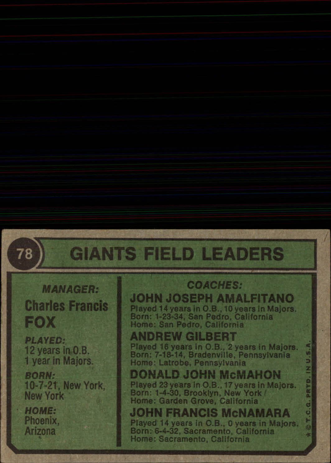 1974 Topps #78 Charlie Fox MG/John McNamara CO/Joe Amalfitano CO/Andy Gilbert CO/Don McMahon CO back image