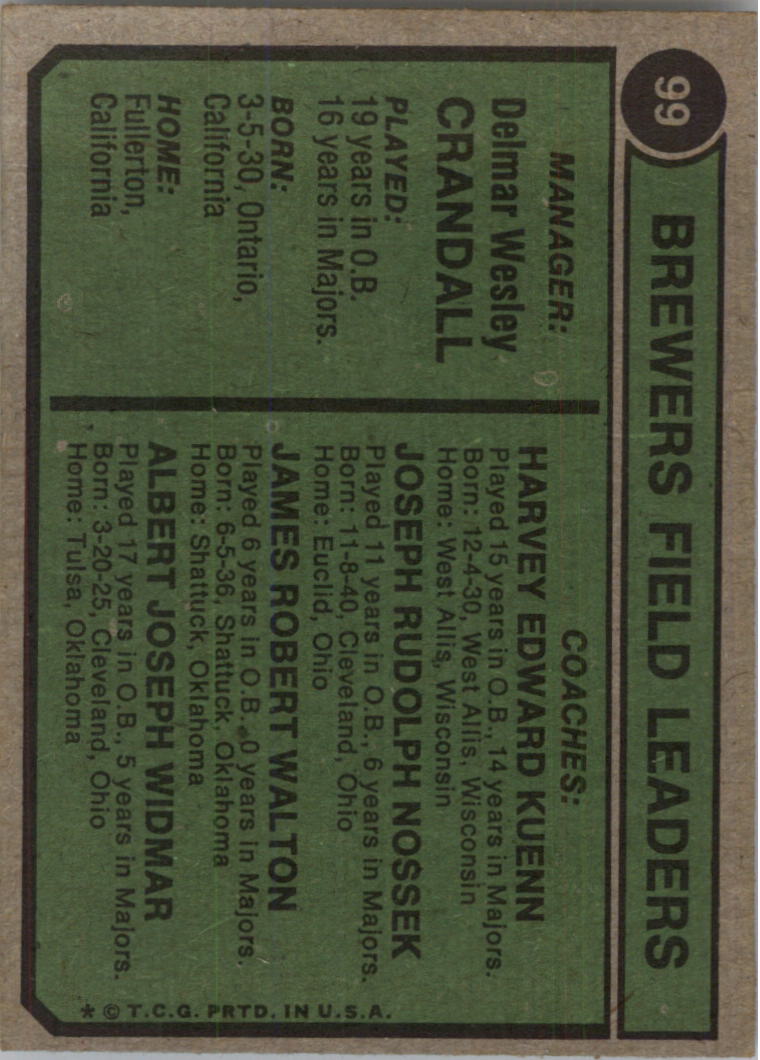 1974 Topps #99 Del Crandall MG/Harvey Kuenn CO/Joe Nossek CO/Jim Walton CO/Al Widmar CO back image