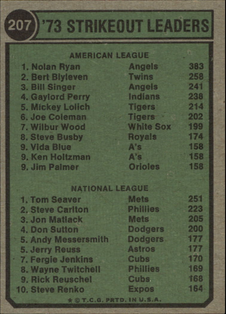 1974 Topps #207 Strikeout Leaders/Nolan Ryan/Tom Seaver back image