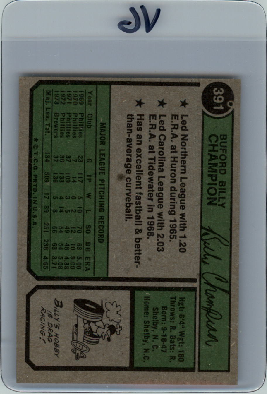 1974 Topps #391 Billy Champion back image