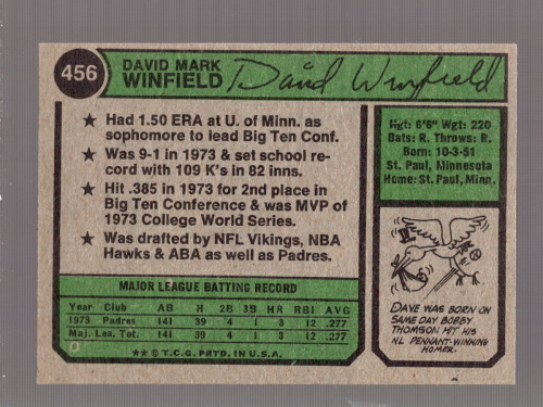 1974 Topps #456 Dave Winfield RC back image