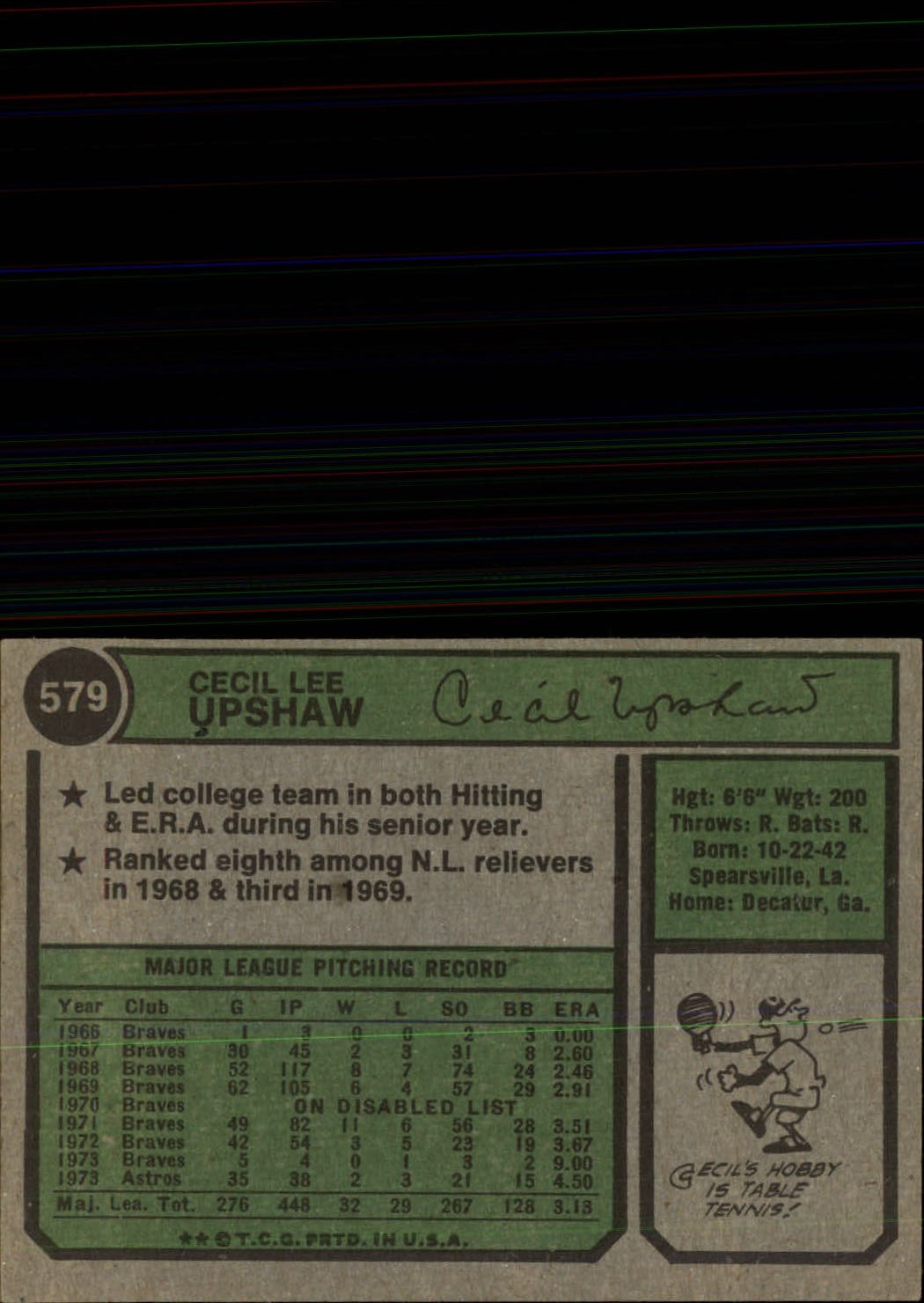 1974 Topps #579 Cecil Upshaw back image