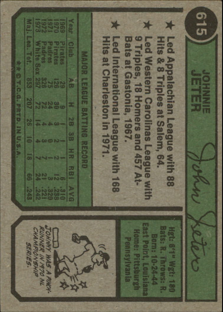 1974 Topps #615 Johnny Jeter UER Misspelled Johnnie on card back - VG-EX