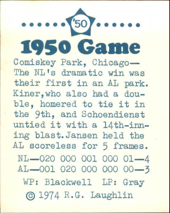 1974 Laughlin All-Star Games #50 Red Schoendienst/Breaks back image