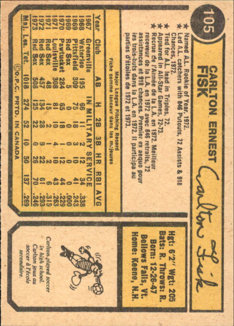 1974 O-Pee-Chee #105 Carlton Fisk back image