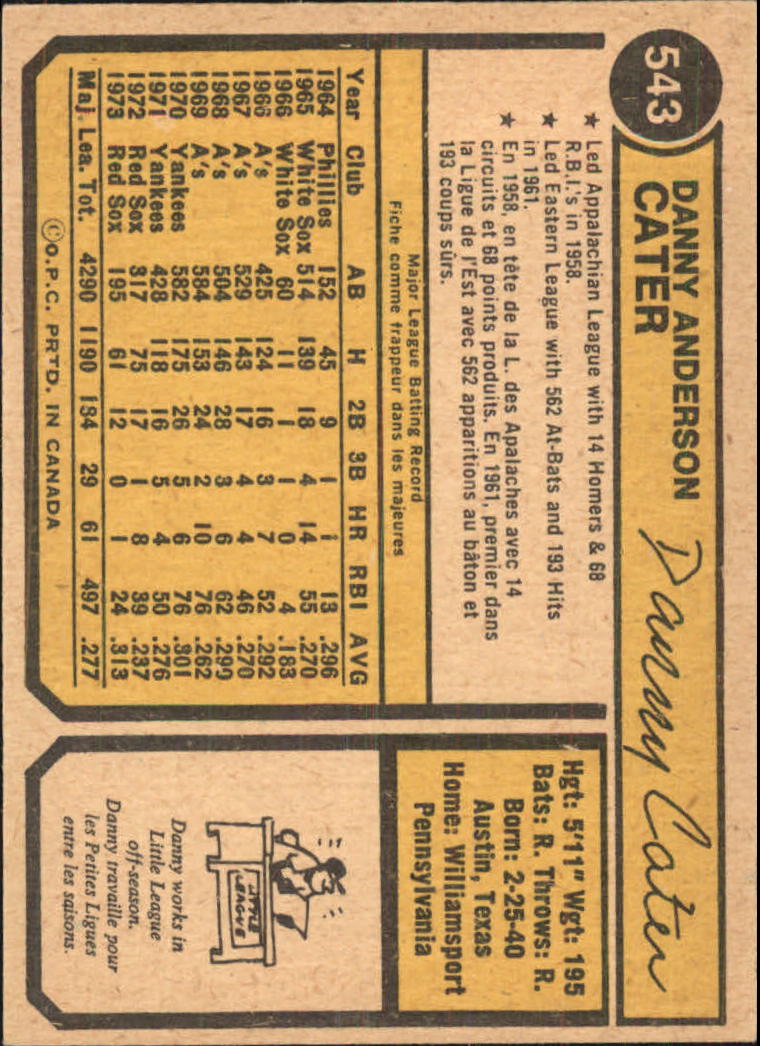 1974 O-Pee-Chee #543 Danny Cater back image
