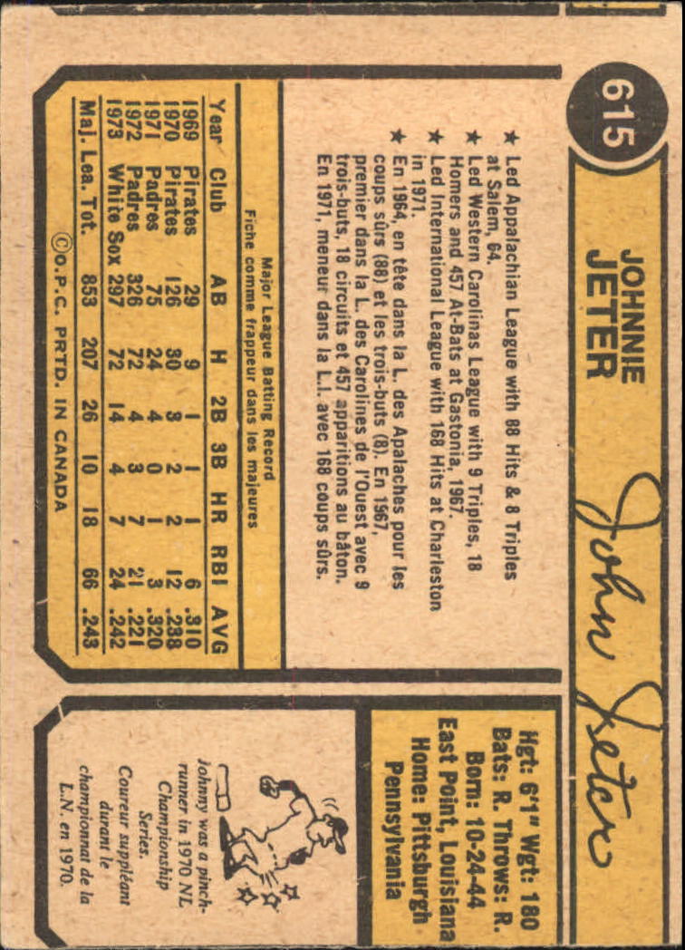 1974 O-Pee-Chee #615 John Jeter back image