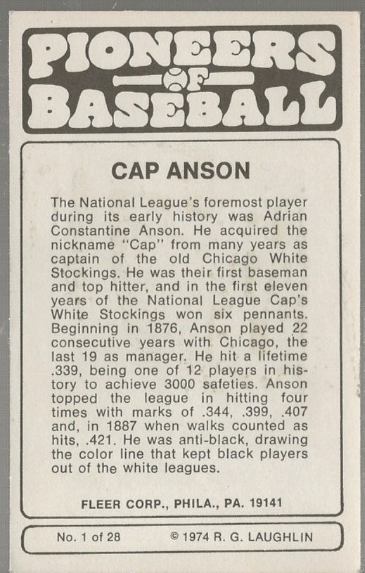 1975 Fleer Pioneers #1 Cap Anson back image